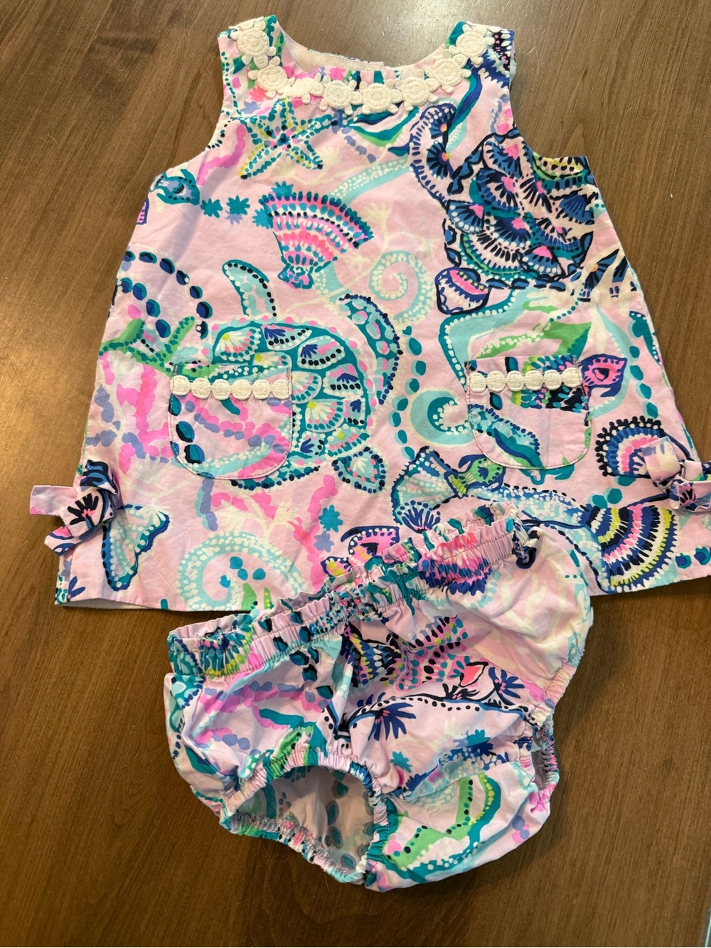 Lilly Pulitzer Pink Seashell & Turtle Print Dress with Bloomers 12-18m